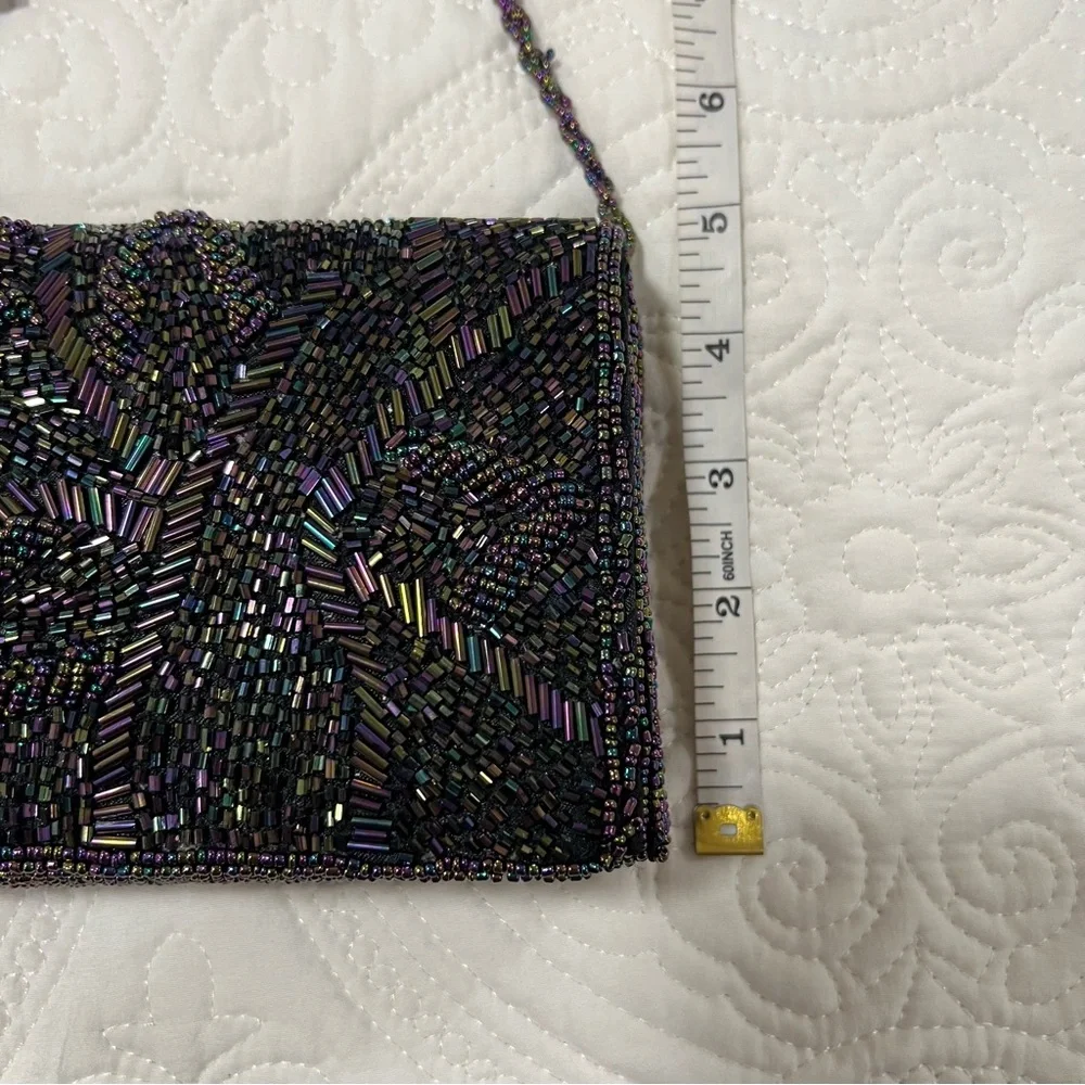 VTG Black Iridescent Beaded Evening Bag Clutch/Crossbody Purse 90s multi color